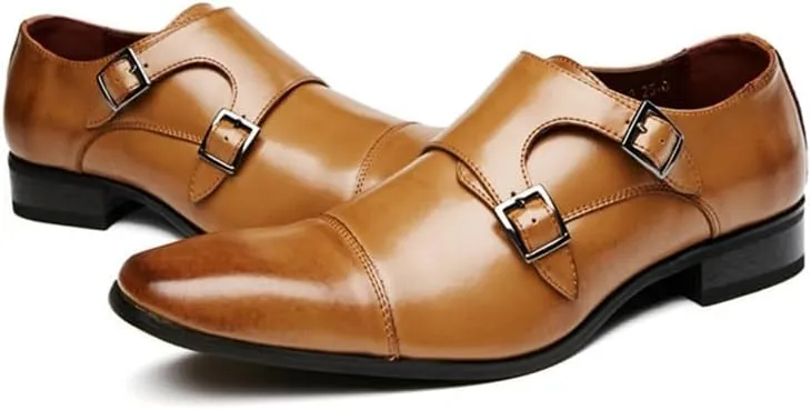 Men's Formal Wear Height-Enhancing Square Scalp Shoes Single Shoes Monk Buckle Office Wedding Shoes Brown(9)