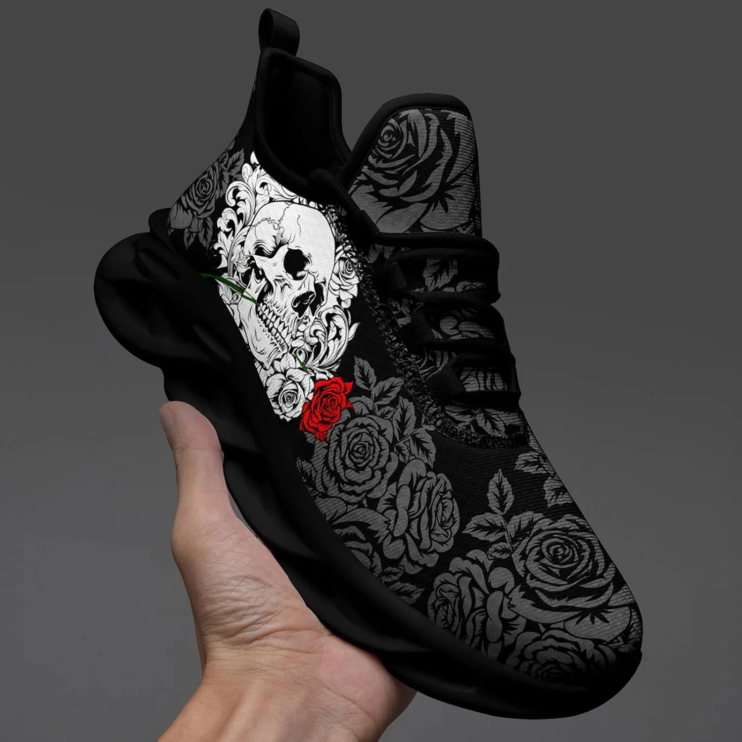 Men's Gothic Skull Running Shoes, Punk Rock Breathable Cushion Sports Walking Sneakers Gym Jogging Tennis Shoes