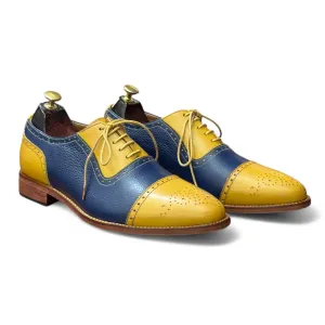 Men's Handmade Yellow & Blue Cap Toe Oxfords Shoes