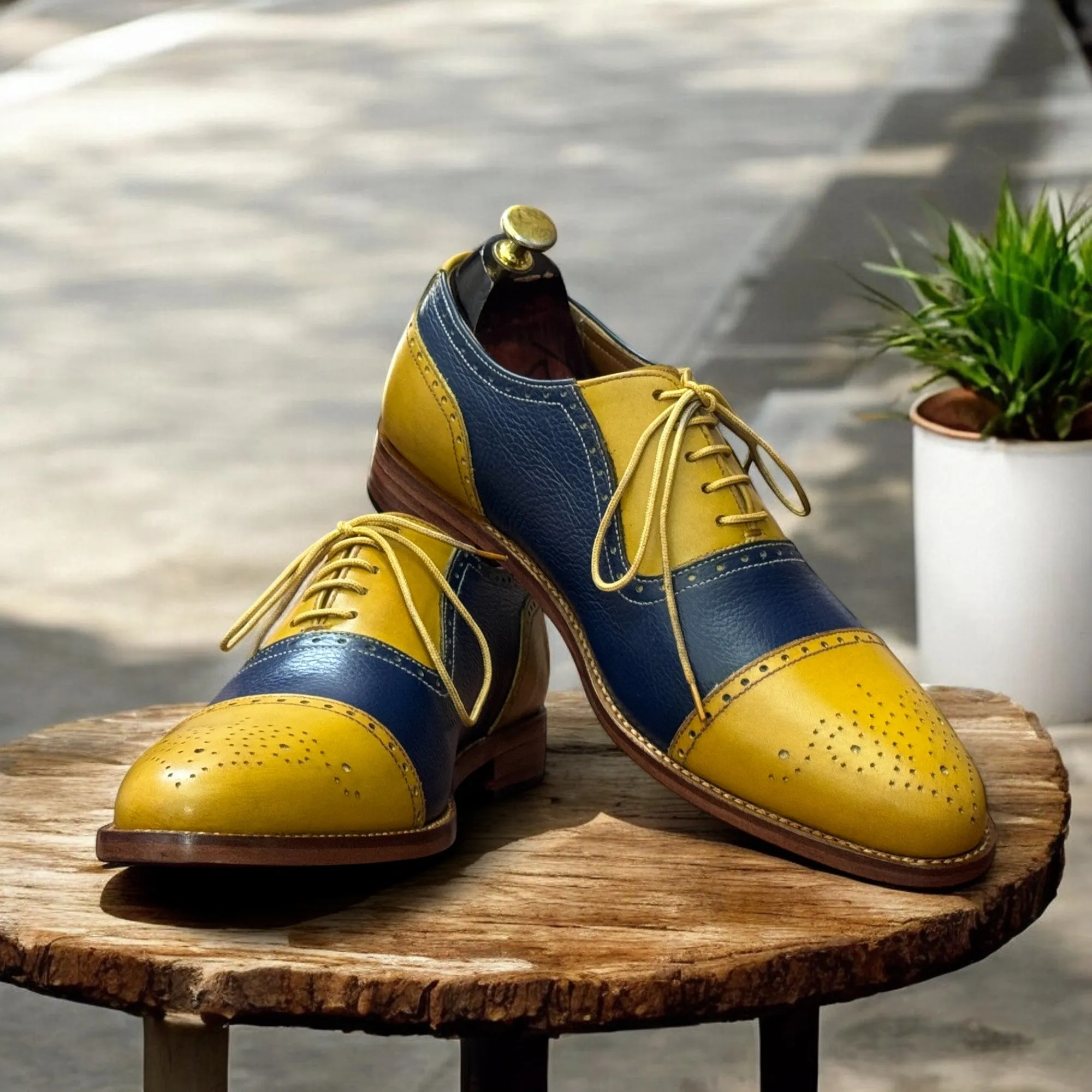 Men's Handmade Yellow & Blue Cap Toe Oxfords Shoes