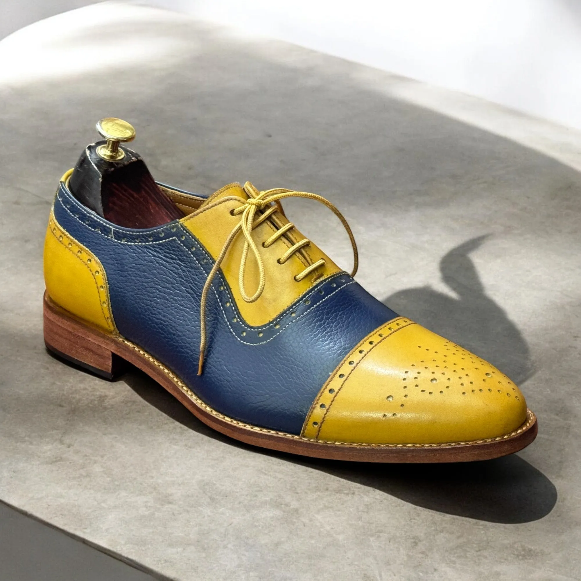 Men's Handmade Yellow & Blue Cap Toe Oxfords Shoes