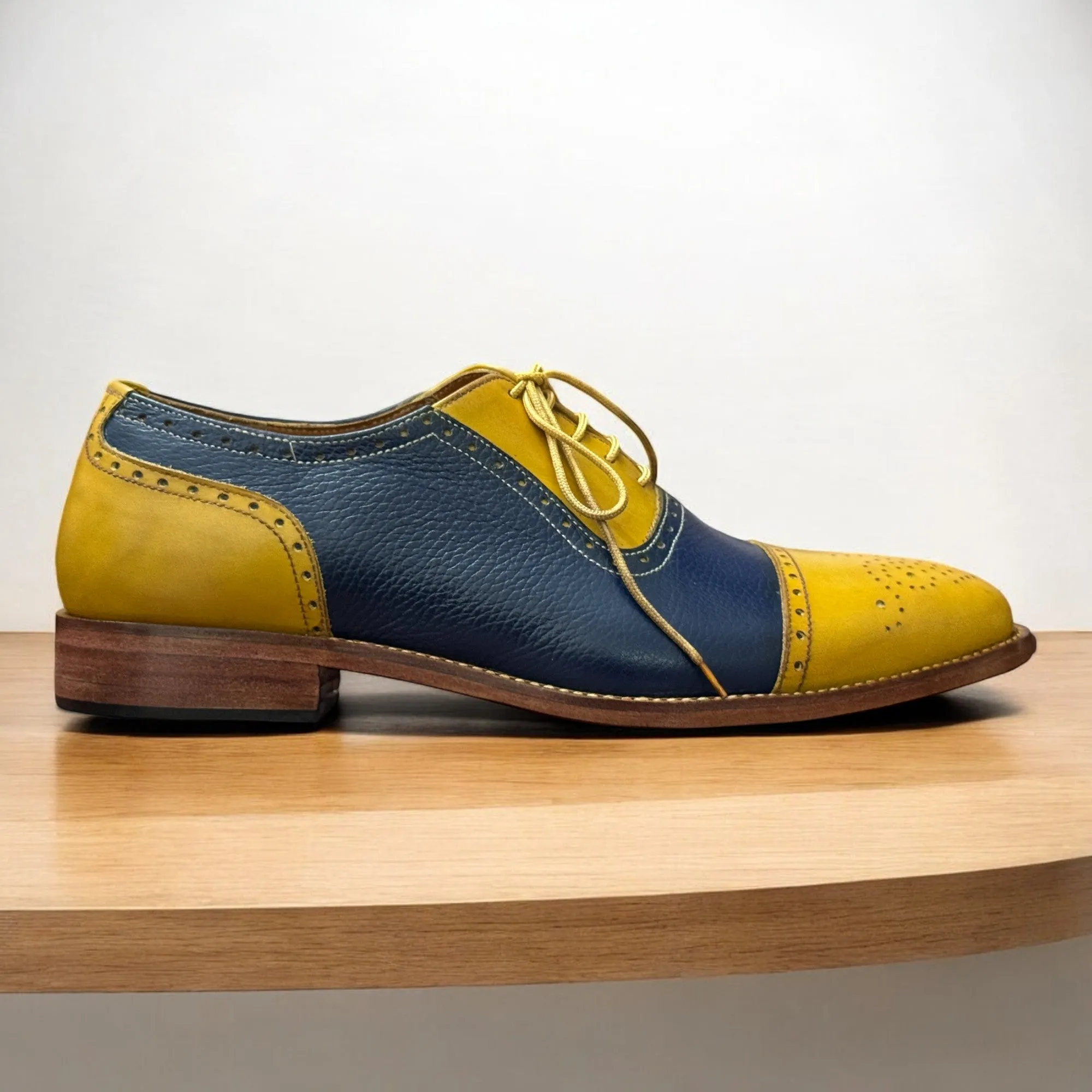 Men's Handmade Yellow & Blue Cap Toe Oxfords Shoes