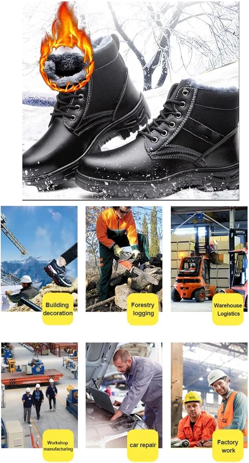 Men's Industrial and Construction Shoes, Outdoor Winter Warm Cozy Steel Toe Safety Puncture Resistant Boots for Men, Thermal Leather Ankle Snow Boots, for Construction Work Industrial