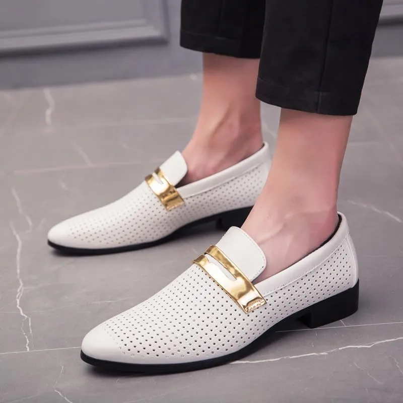 Men's Leather Hollow-Out Flat Loafers, Decorated with Metal Buckles, Suitable for Daily Casual wear