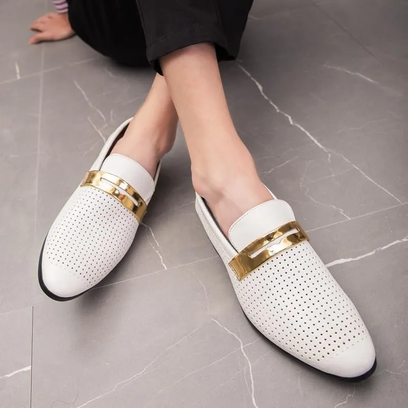 Men's Leather Hollow-Out Flat Loafers, Decorated with Metal Buckles, Suitable for Daily Casual wear