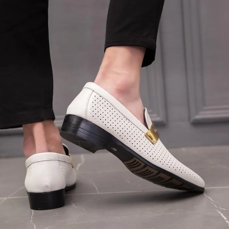 Men's Leather Hollow-Out Flat Loafers, Decorated with Metal Buckles, Suitable for Daily Casual wear