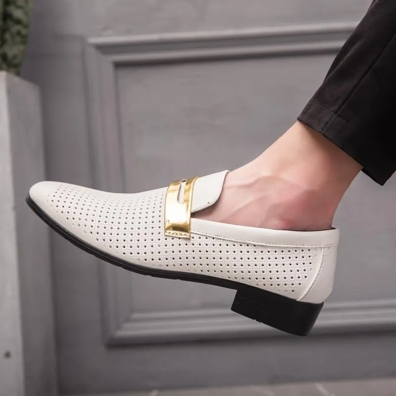 Men's Leather Hollow-Out Flat Loafers, Decorated with Metal Buckles, Suitable for Daily Casual wear