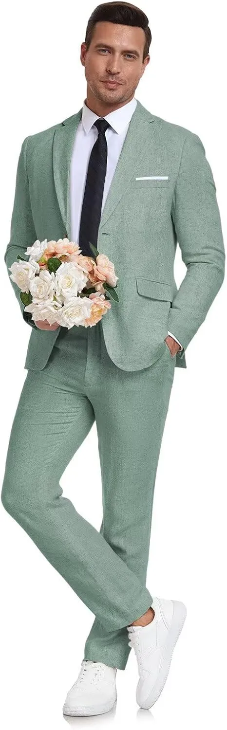 Men's Linen Suit 2 Piece Slim Fit Summer Beach Wedding Dress Tux Prom Suit Blazer Jacket and Pants