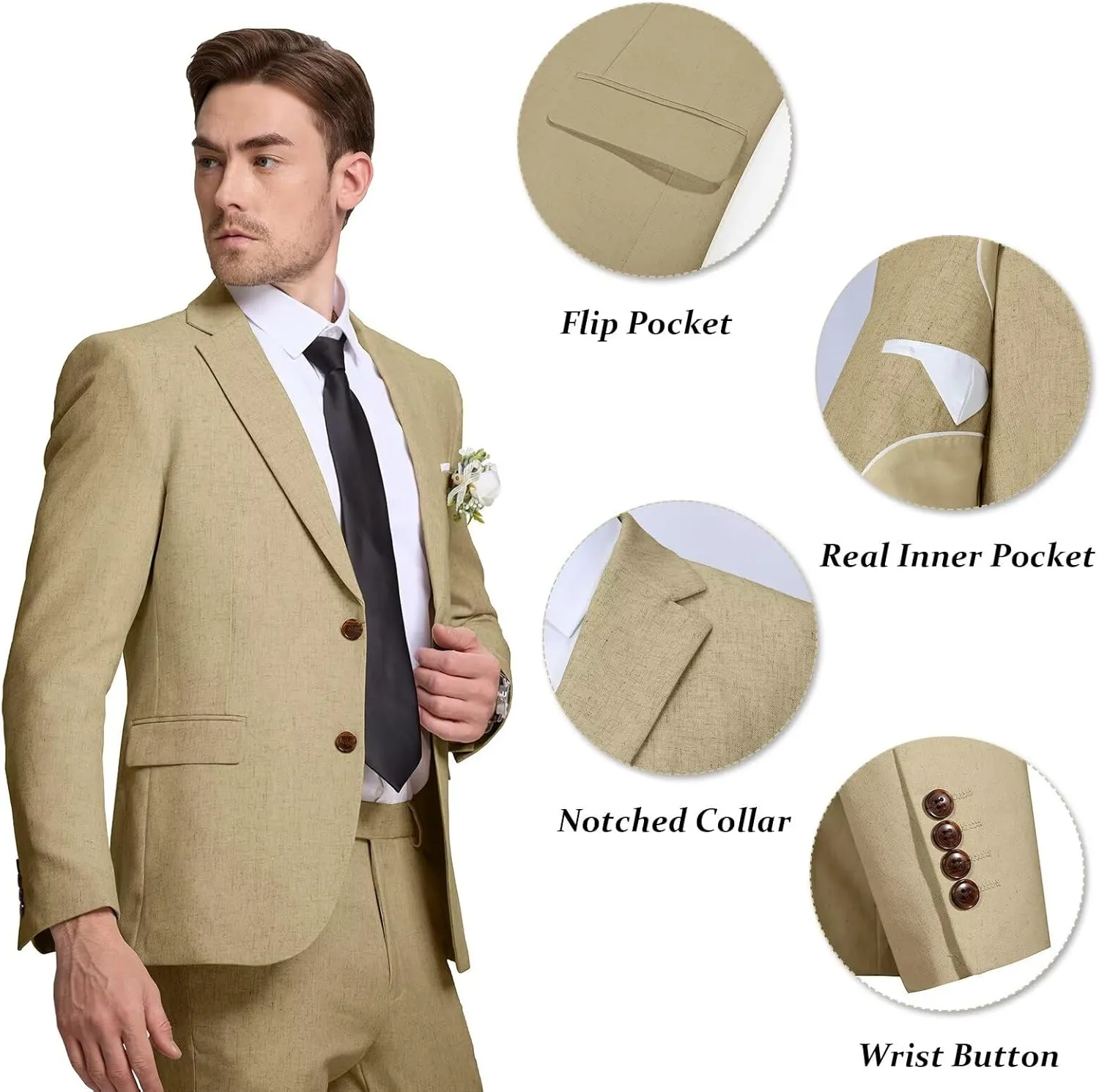 Men's Linen Suit 2 Piece Slim Fit Summer Beach Wedding Dress Tux Prom Suit Blazer Jacket and Pants