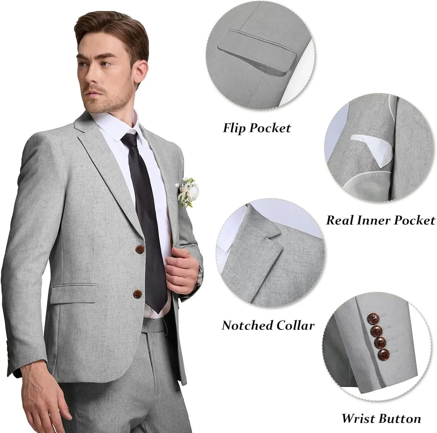 Men's Linen Suit 2 Piece Slim Fit Summer Beach Wedding Dress Tux Prom Suit Blazer Jacket and Pants