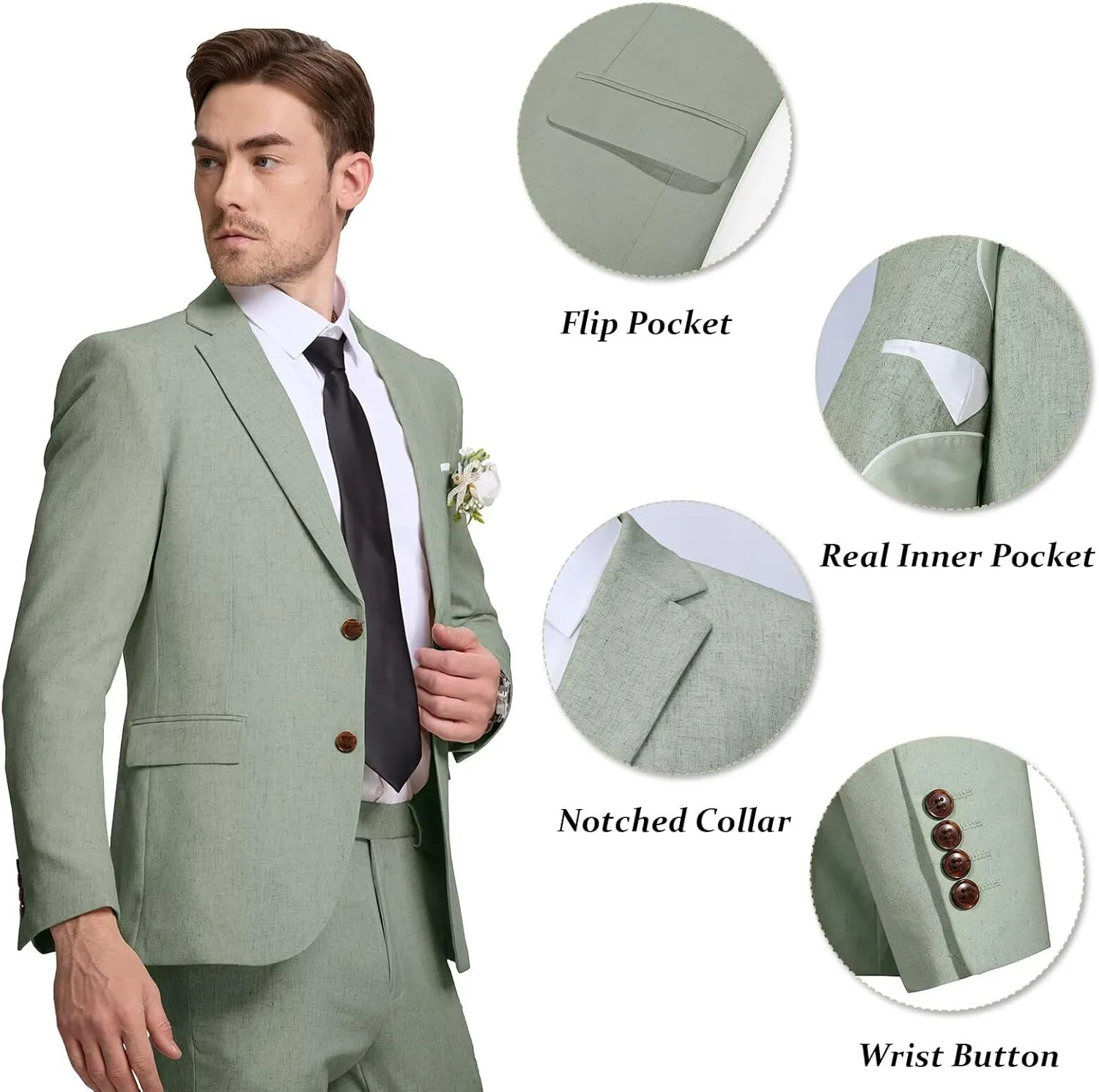 Men's Linen Suit 2 Piece Slim Fit Summer Beach Wedding Dress Tux Prom Suit Blazer Jacket and Pants