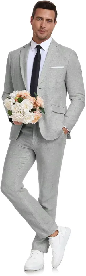 Men's Linen Suit 2 Piece Slim Fit Summer Beach Wedding Dress Tux Prom Suit Blazer Jacket and Pants