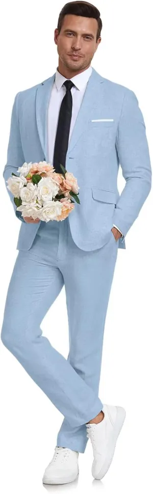 Men's Linen Suit 2 Piece Slim Fit Summer Beach Wedding Dress Tux Prom Suit Blazer Jacket and Pants