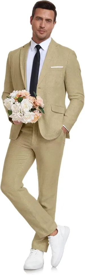 Men's Linen Suit 2 Piece Slim Fit Summer Beach Wedding Dress Tux Prom Suit Blazer Jacket and Pants