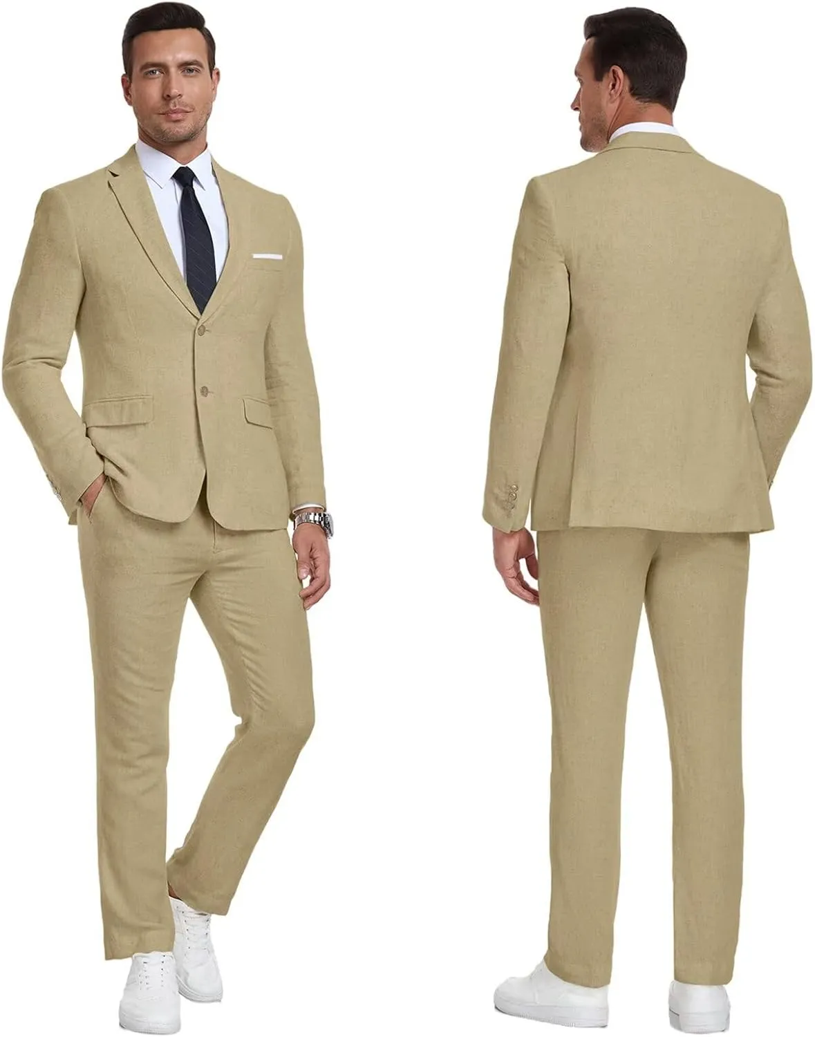 Men's Linen Suit 2 Piece Slim Fit Summer Beach Wedding Dress Tux Prom Suit Blazer Jacket and Pants