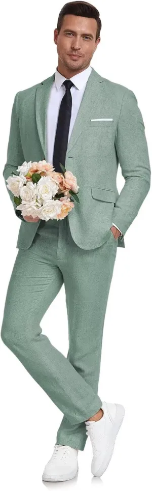Men's Linen Suit 2 Piece Slim Fit Summer Beach Wedding Dress Tux Prom Suit Blazer Jacket and Pants