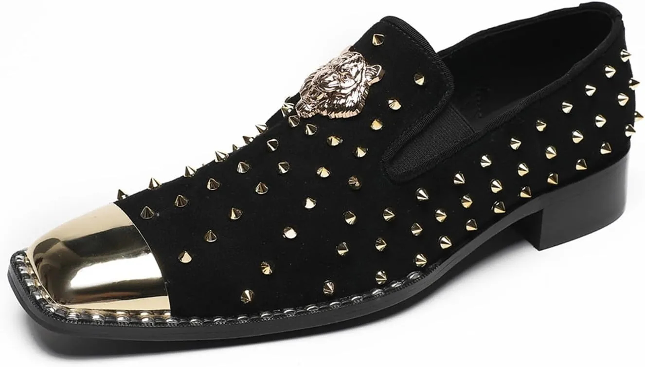 Mens Loafers Wedding Dress Slip On Prom Casual Shoes Metal Square Toe Penny Loafers Suede Tuxedo Shoes for Men Western Disco Ballroom Smoking Mocasines with Gold Glitter Rhinestone