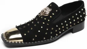 Mens Loafers Wedding Dress Slip On Prom Casual Shoes Metal Square Toe Penny Loafers Suede Tuxedo Shoes for Men Western Disco Ballroom Smoking Mocasines with Gold Glitter Rhinestone
