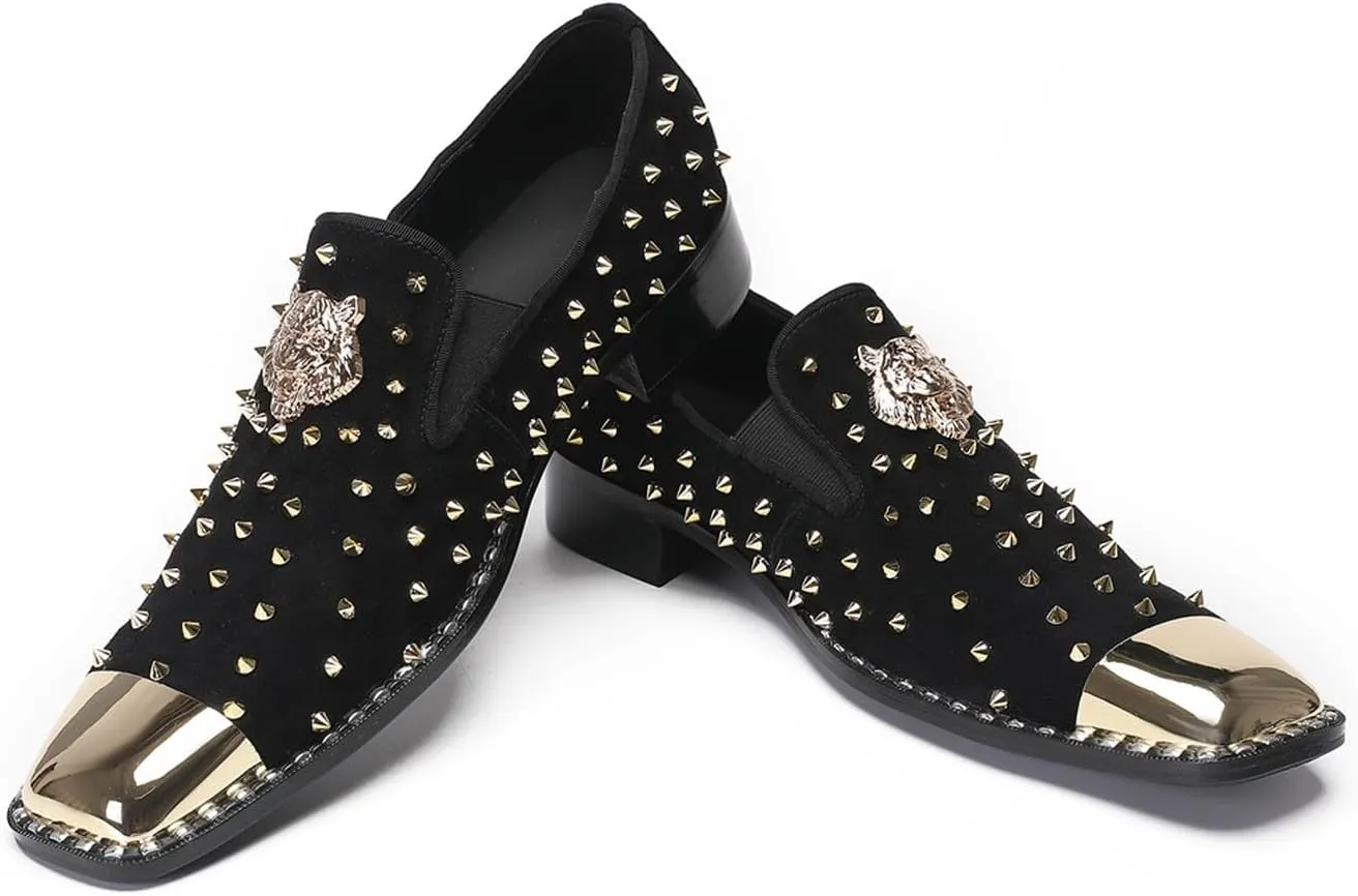 Mens Loafers Wedding Dress Slip On Prom Casual Shoes Metal Square Toe Penny Loafers Suede Tuxedo Shoes for Men Western Disco Ballroom Smoking Mocasines with Gold Glitter Rhinestone