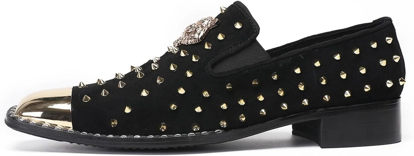 Mens Loafers Wedding Dress Slip On Prom Casual Shoes Metal Square Toe Penny Loafers Suede Tuxedo Shoes for Men Western Disco Ballroom Smoking Mocasines with Gold Glitter Rhinestone