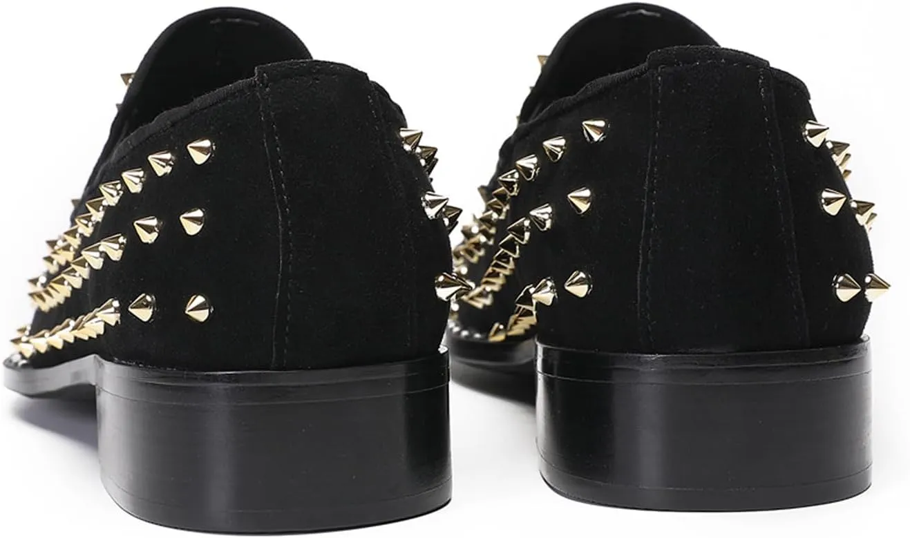 Mens Loafers Wedding Dress Slip On Prom Casual Shoes Metal Square Toe Penny Loafers Suede Tuxedo Shoes for Men Western Disco Ballroom Smoking Mocasines with Gold Glitter Rhinestone