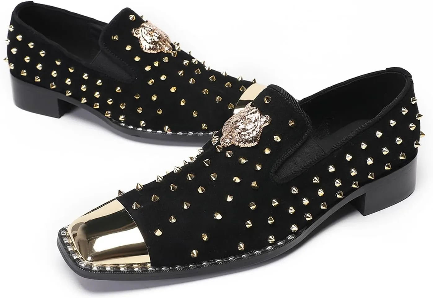 Mens Loafers Wedding Dress Slip On Prom Casual Shoes Metal Square Toe Penny Loafers Suede Tuxedo Shoes for Men Western Disco Ballroom Smoking Mocasines with Gold Glitter Rhinestone