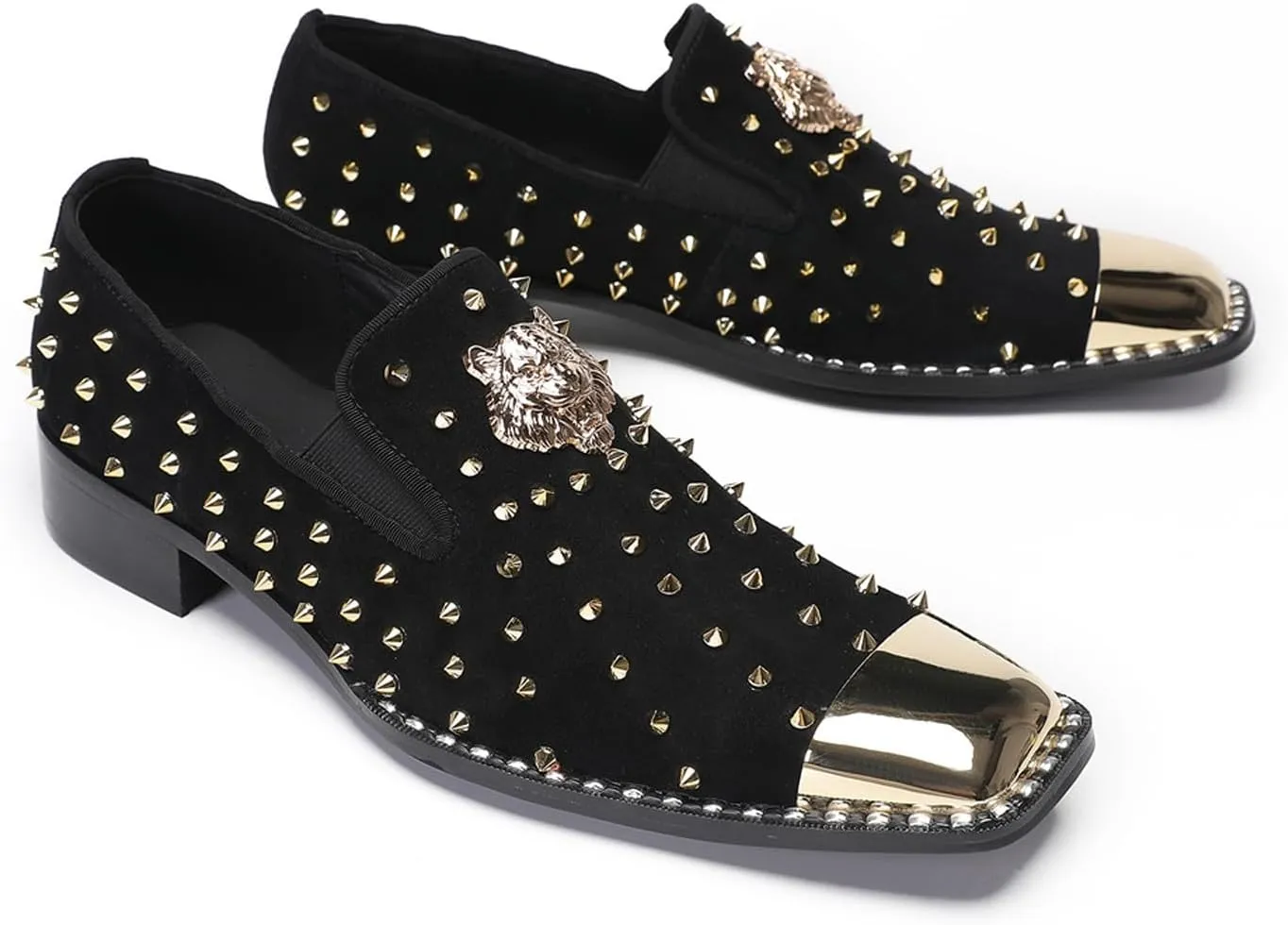 Mens Loafers Wedding Dress Slip On Prom Casual Shoes Metal Square Toe Penny Loafers Suede Tuxedo Shoes for Men Western Disco Ballroom Smoking Mocasines with Gold Glitter Rhinestone