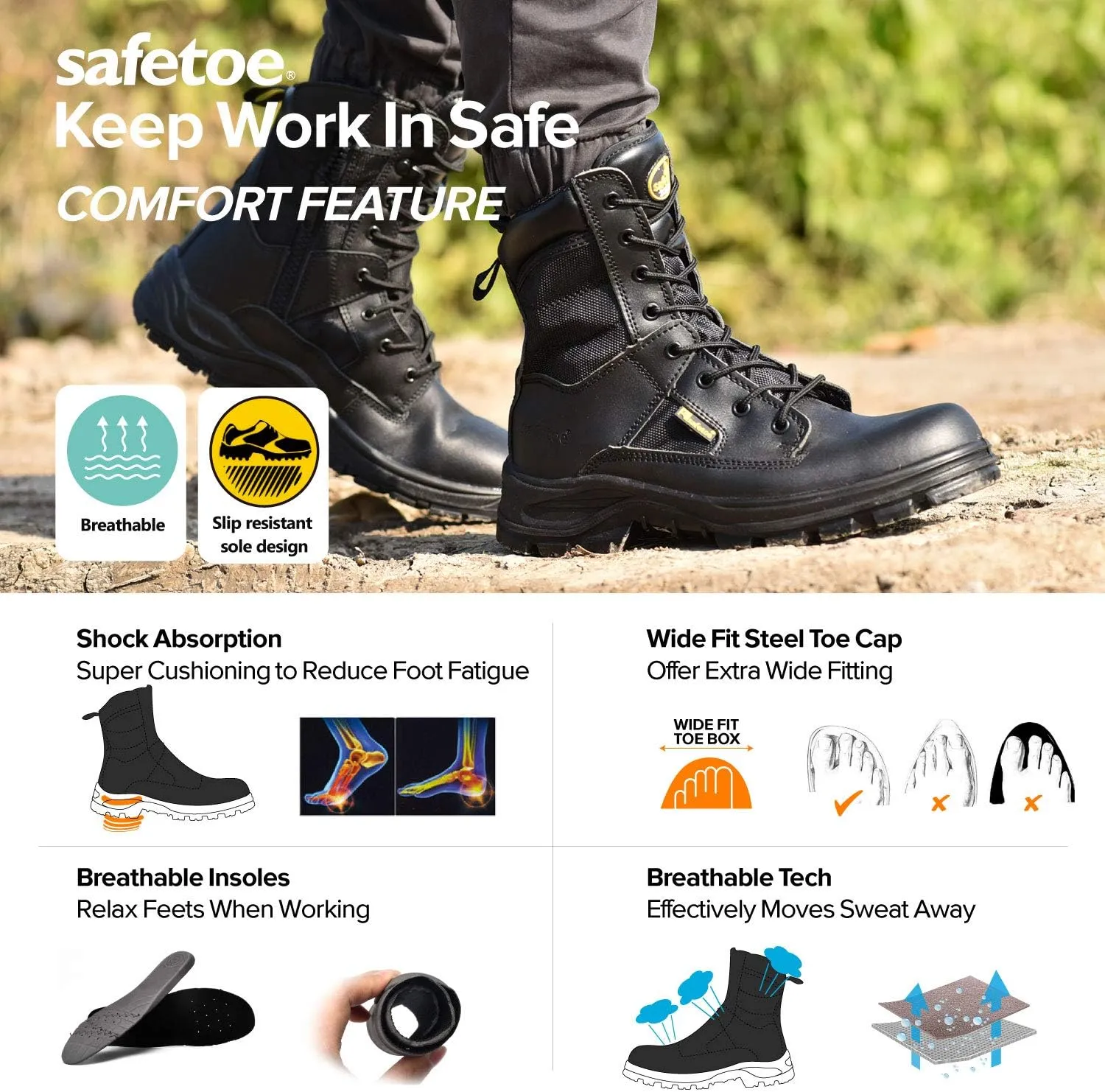 Men's Military Tactical Boots 8" Steel Toe Work Safety Boots with Side Zipper Lightweight Army Combat Boots