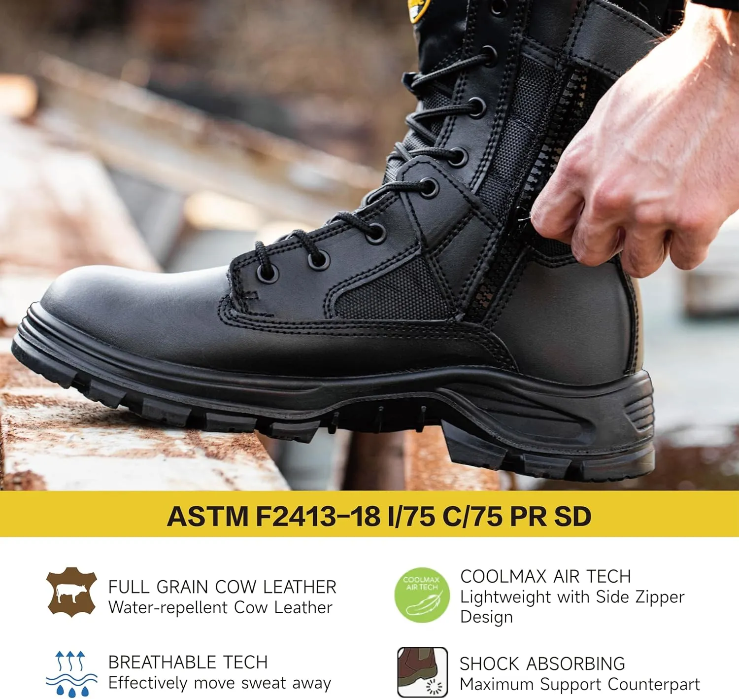Men's Military Tactical Boots 8" Steel Toe Work Safety Boots with Side Zipper Lightweight Army Combat Boots