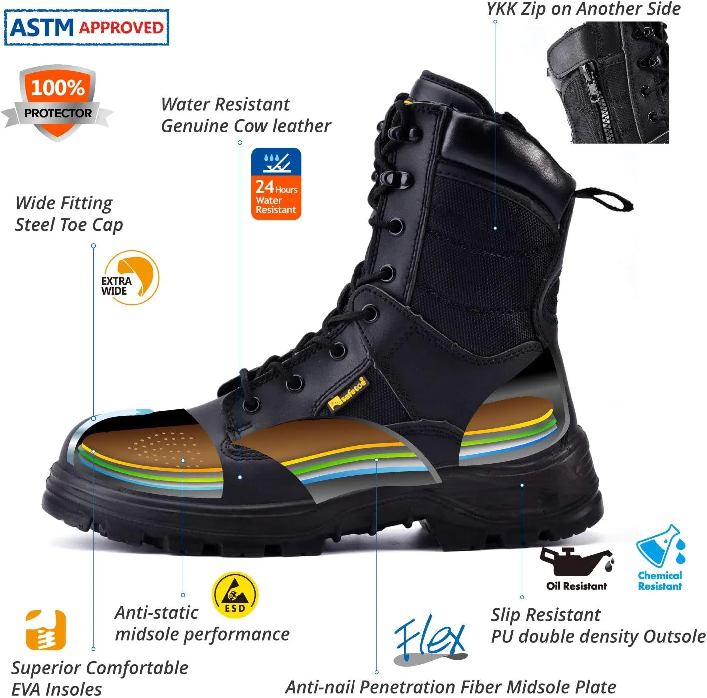 Men's Military Tactical Boots 8" Steel Toe Work Safety Boots with Side Zipper Lightweight Army Combat Boots