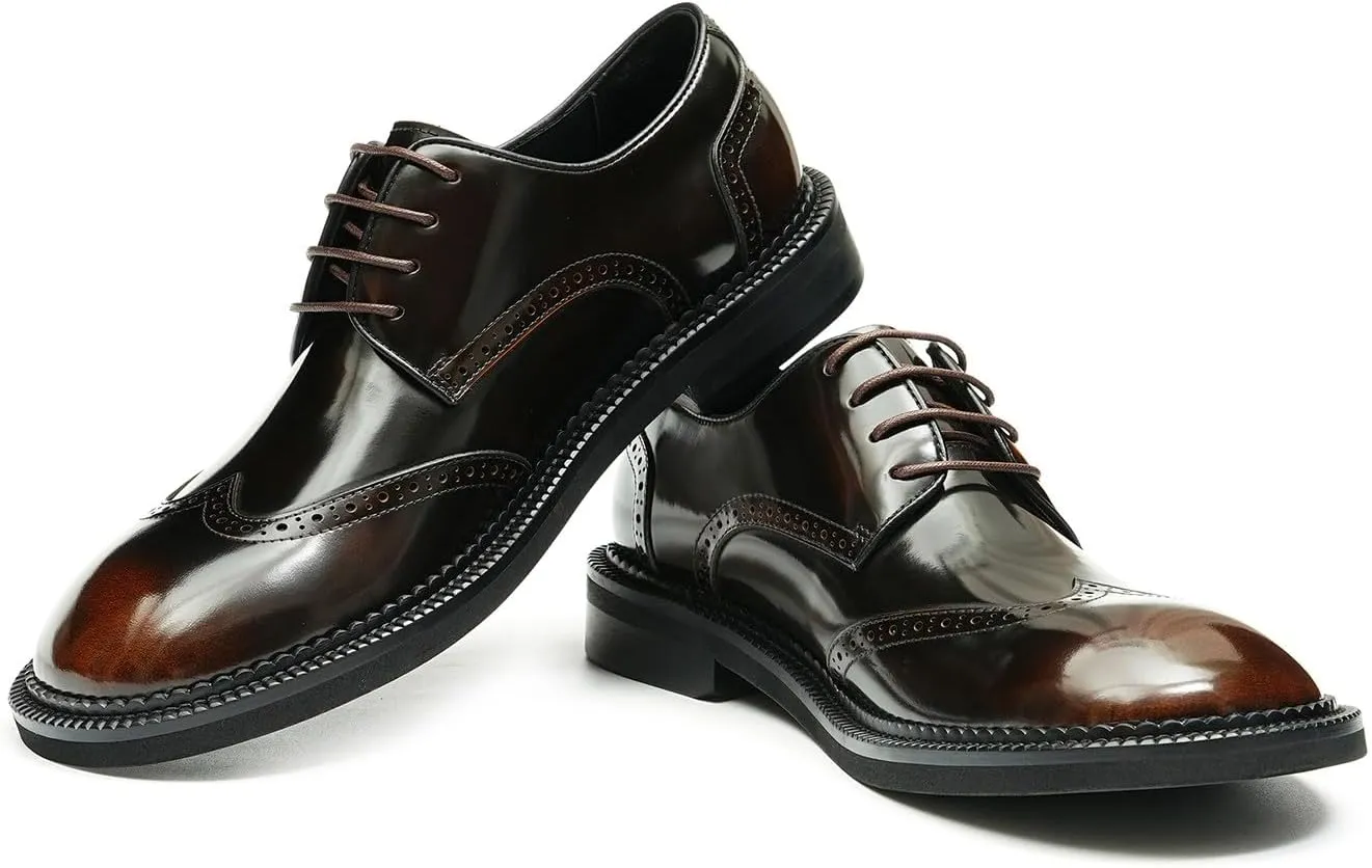 Mens Oxfords Formal Dress Derby Fashion Patent Leather Square Toe Wingtip Brogue Shoes Prom Wedding Tuxedo Business Causal Shoes for Men