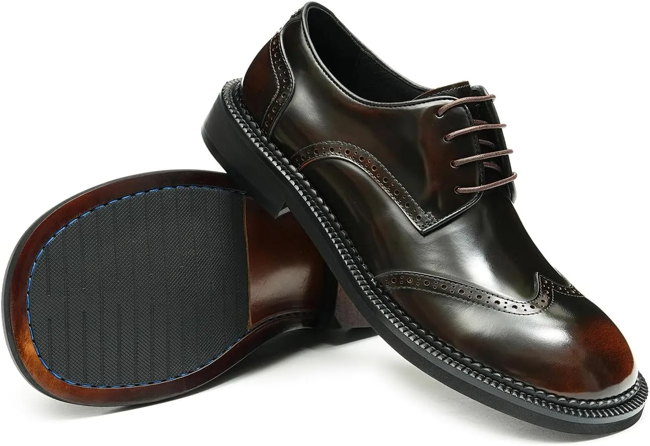 Mens Oxfords Formal Dress Derby Fashion Patent Leather Square Toe Wingtip Brogue Shoes Prom Wedding Tuxedo Business Causal Shoes for Men