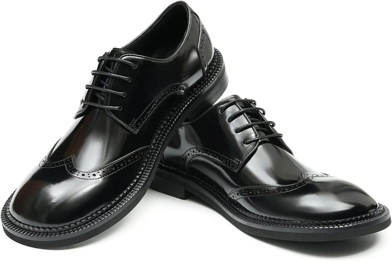 Mens Oxfords Formal Dress Derby Fashion Patent Leather Square Toe Wingtip Brogue Shoes Prom Wedding Tuxedo Business Causal Shoes for Men