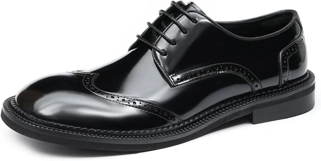 Mens Oxfords Formal Dress Derby Fashion Patent Leather Square Toe Wingtip Brogue Shoes Prom Wedding Tuxedo Business Causal Shoes for Men