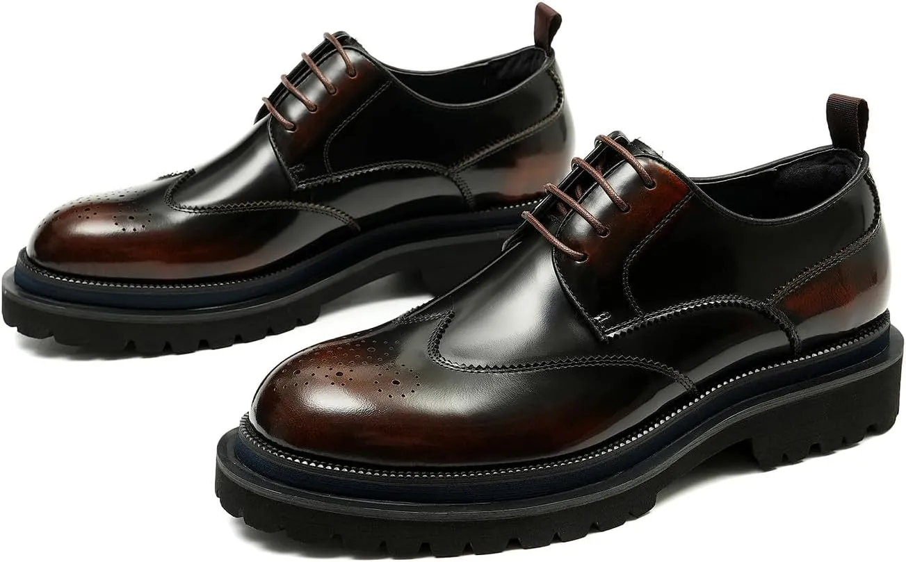 Mens Oxfords Formal Dress Genuine Leather Wingtips Brogues Derby Fahion Prom Wedding Business Casual Comfort Thick Sole Walking Shoes