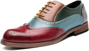 Men's Patchwork Multicolor Oxfords Shoes,Fashion Classic Carved Two Tone Lace Up Leather Low Heels Dress Shoes,Vintage Wing Tips Hand Stitched Colorblock Business Formal Derby Shoes