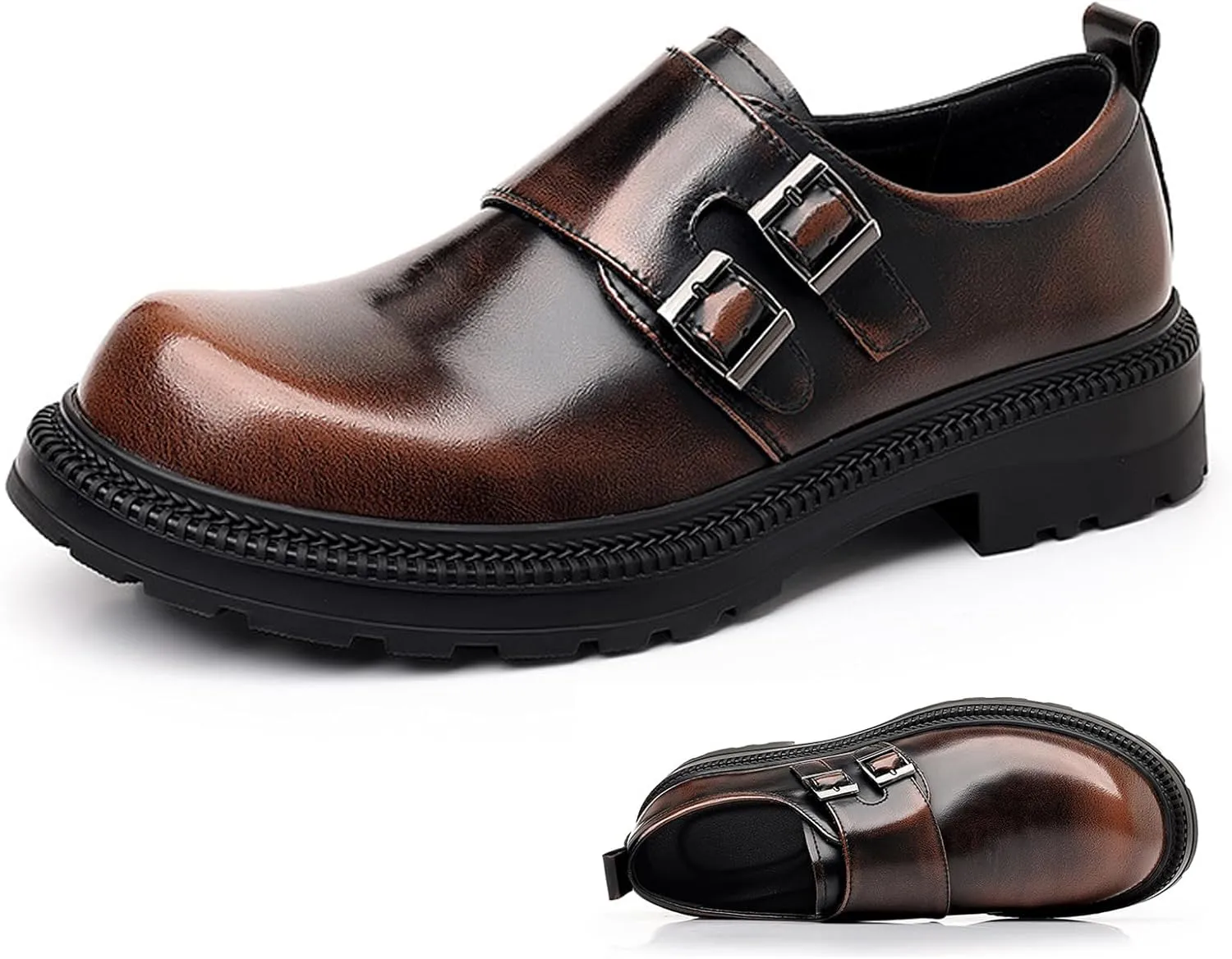 Men's Patent Leather Monk Buckle Loafers Retro Round Toe Double Buckle Lug Sole Non-Slip Slip-On Business Dress Shoes Suitable for Work Wedding Party