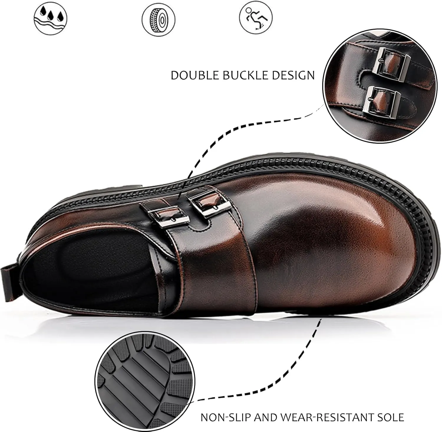 Men's Patent Leather Monk Buckle Loafers Retro Round Toe Double Buckle Lug Sole Non-Slip Slip-On Business Dress Shoes Suitable for Work Wedding Party