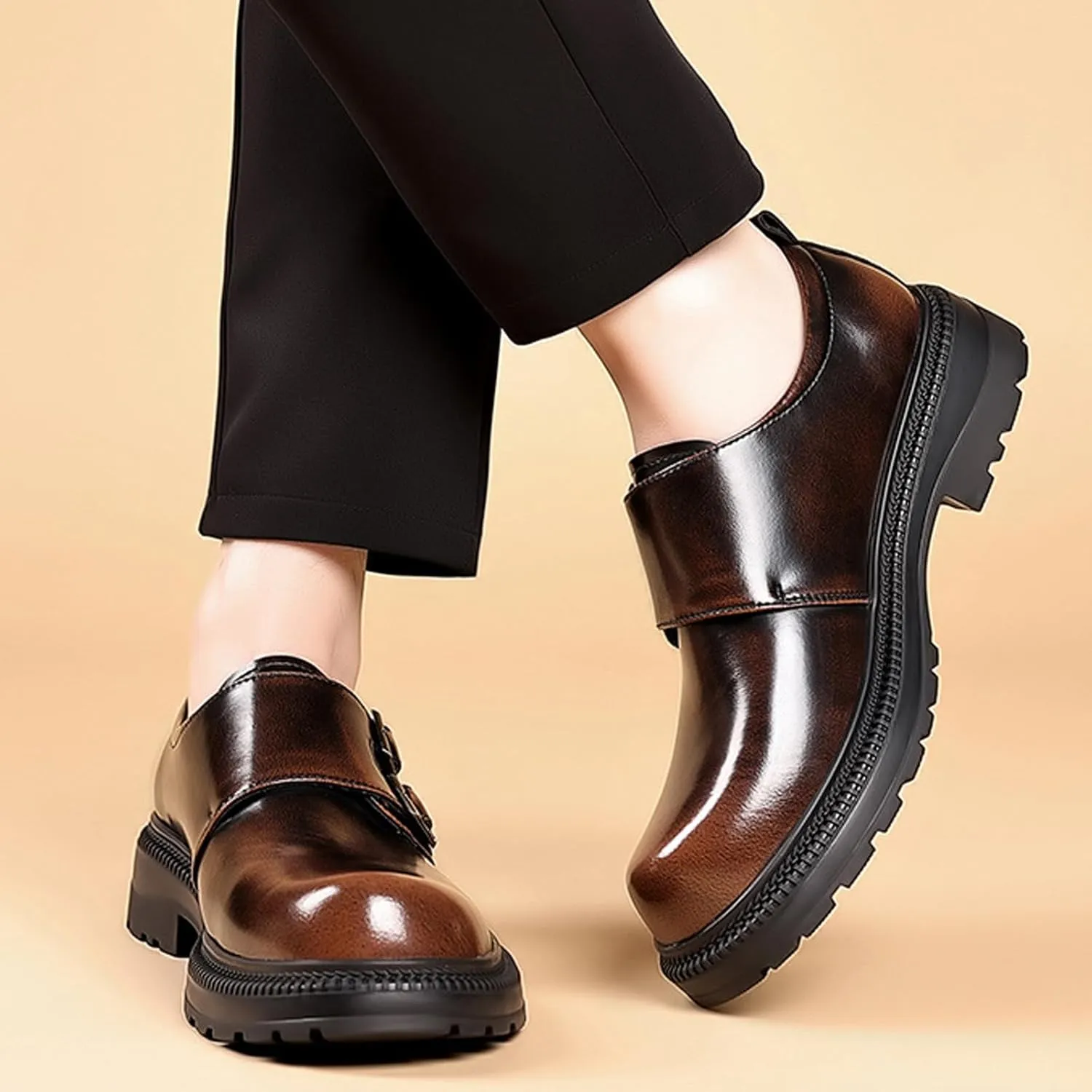 Men's Patent Leather Monk Buckle Loafers Retro Round Toe Double Buckle Lug Sole Non-Slip Slip-On Business Dress Shoes Suitable for Work Wedding Party