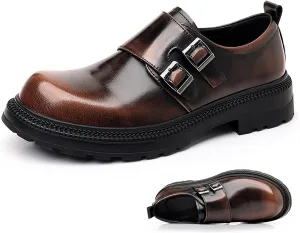 Men's Patent Leather Monk Buckle Loafers Retro Round Toe Double Buckle Lug Sole Non-Slip Slip-On Business Dress Shoes Suitable for Work Wedding Party