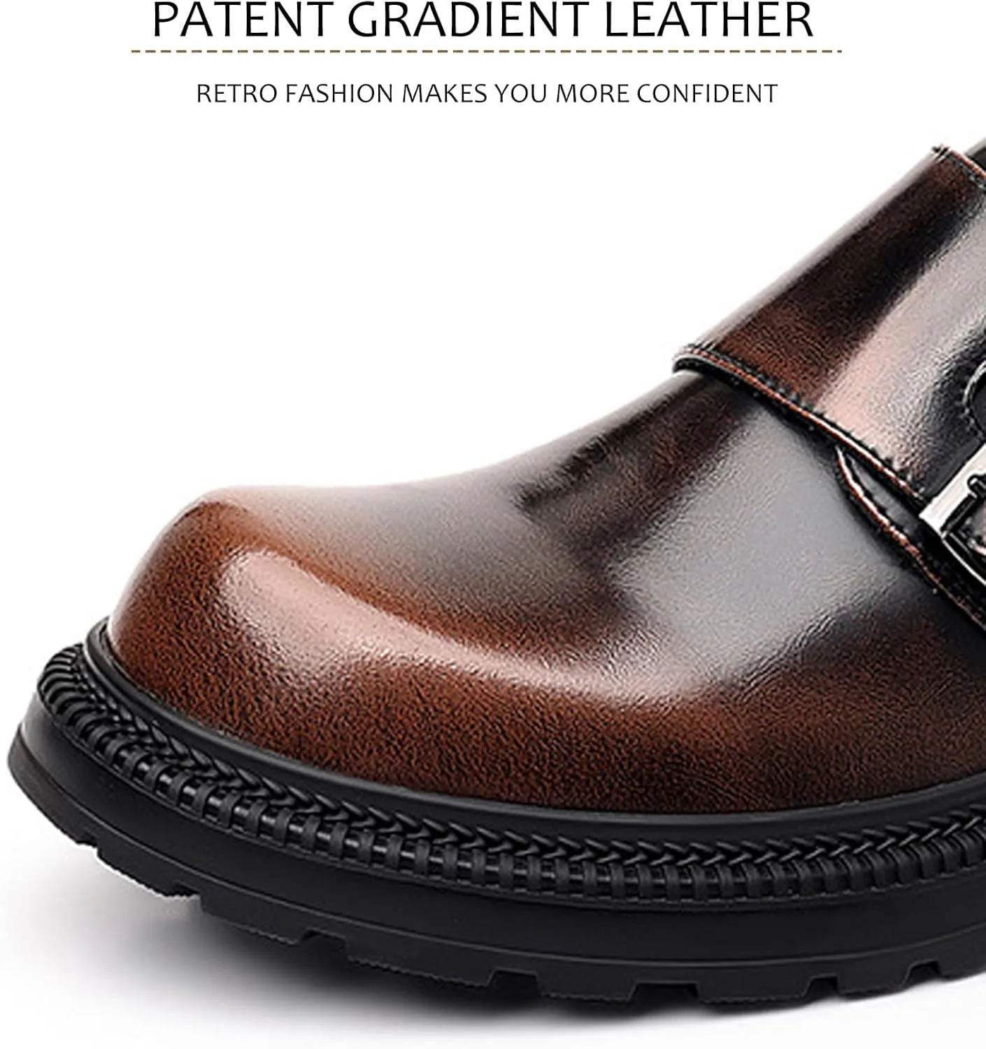 Men's Patent Leather Monk Buckle Loafers Retro Round Toe Double Buckle Lug Sole Non-Slip Slip-On Business Dress Shoes Suitable for Work Wedding Party