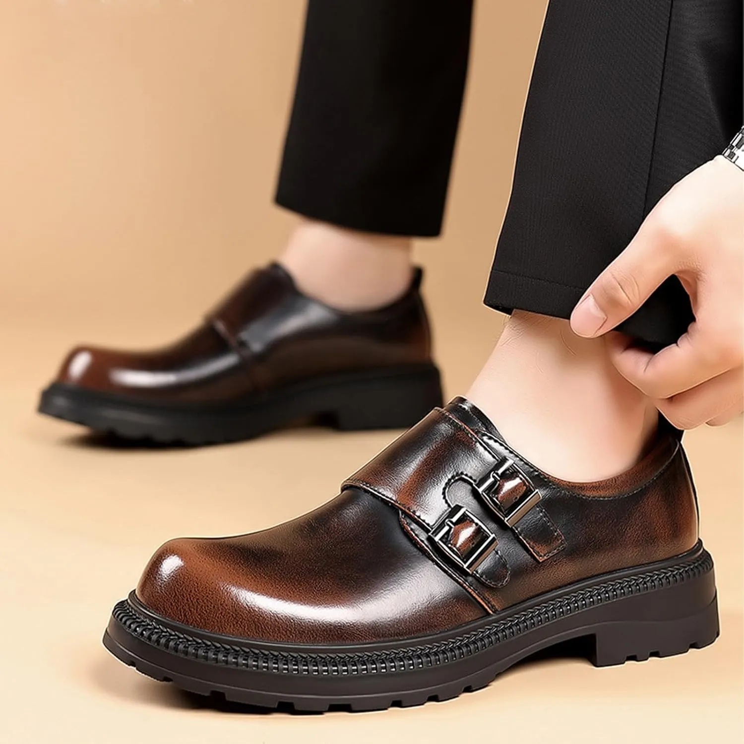 Men's Patent Leather Monk Buckle Loafers Retro Round Toe Double Buckle Lug Sole Non-Slip Slip-On Business Dress Shoes Suitable for Work Wedding Party