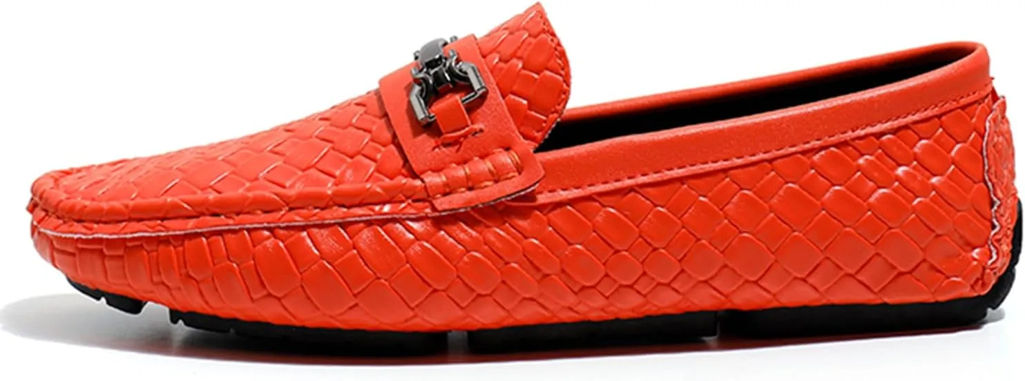 Men's Penny Loafers Woven Leather Driving Loafers Black Slip-On with Buckle Flats Boat Shoes Moccasins