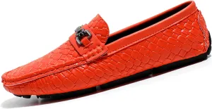Men's Penny Loafers Woven Leather Driving Loafers Black Slip-On with Buckle Flats Boat Shoes Moccasins