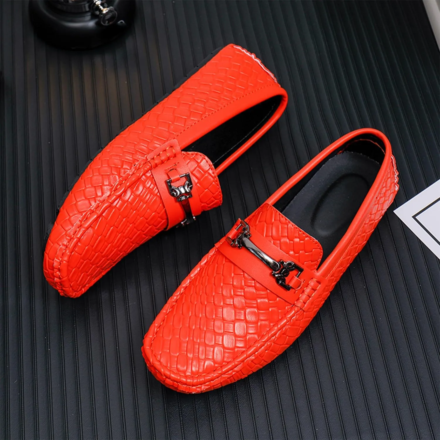 Men's Penny Loafers Woven Leather Driving Loafers Black Slip-On with Buckle Flats Boat Shoes Moccasins
