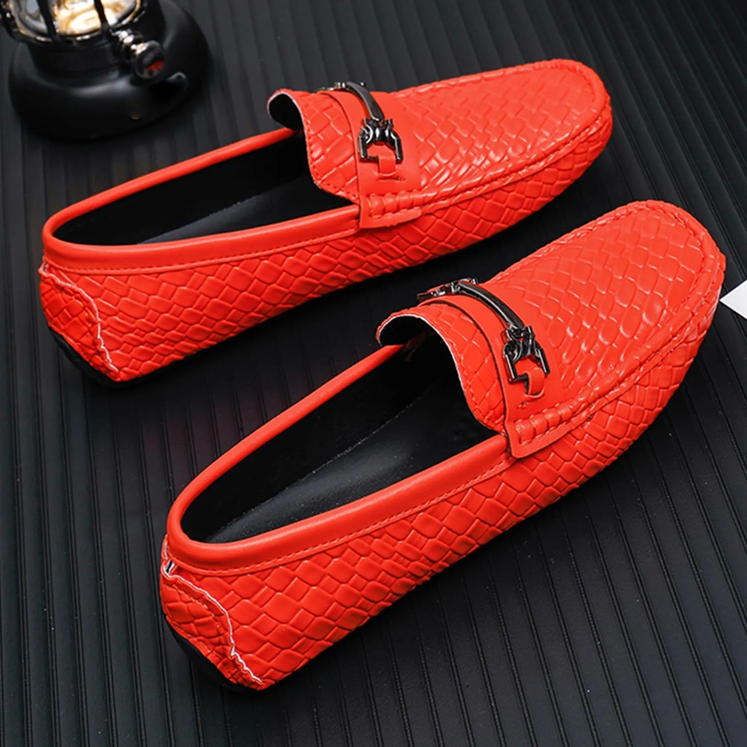 Men's Penny Loafers Woven Leather Driving Loafers Black Slip-On with Buckle Flats Boat Shoes Moccasins