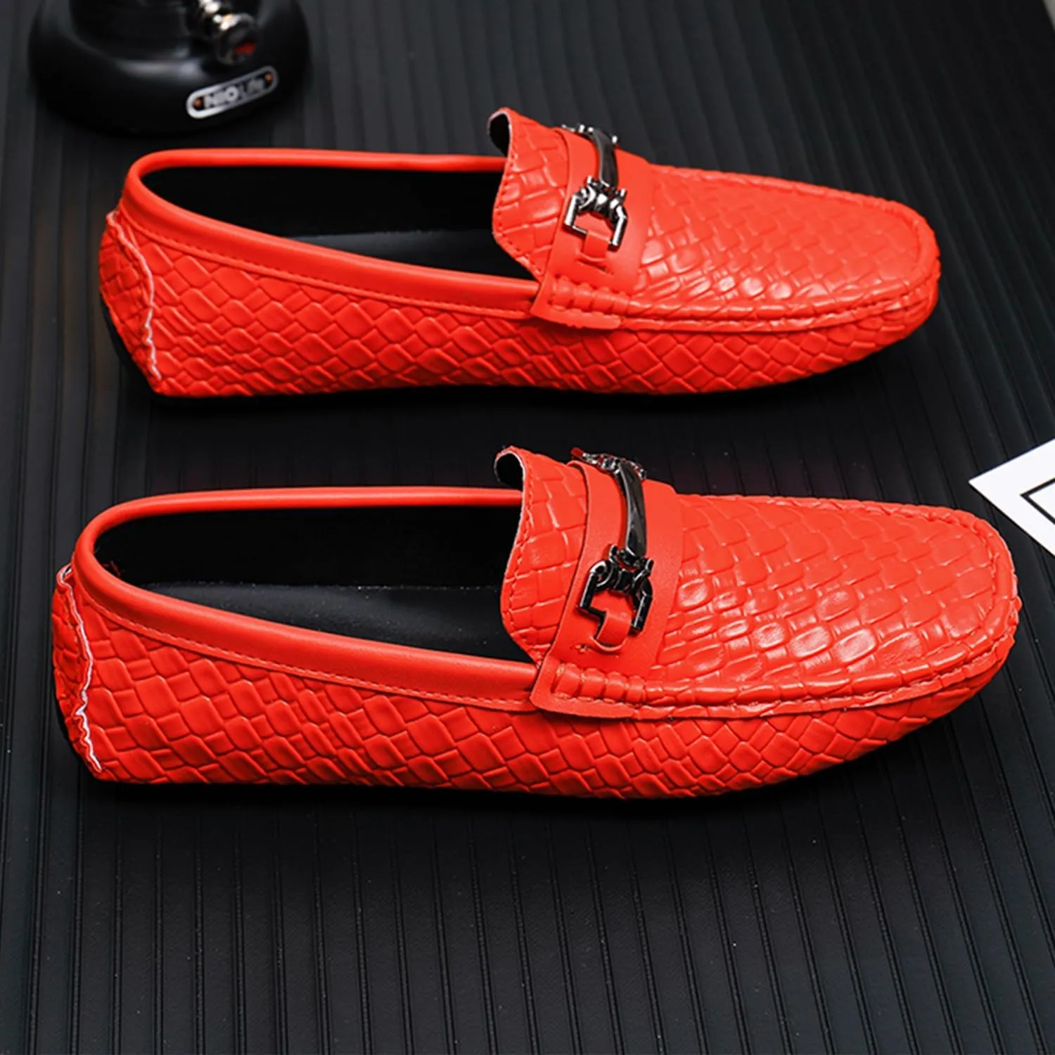 Men's Penny Loafers Woven Leather Driving Loafers Black Slip-On with Buckle Flats Boat Shoes Moccasins
