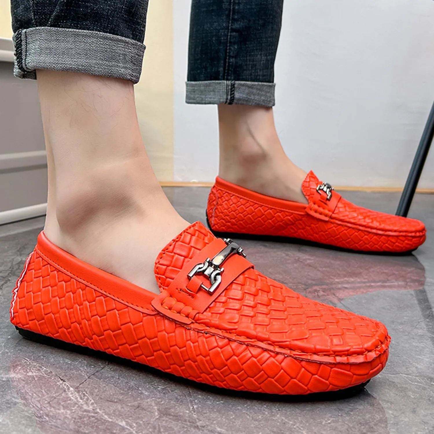 Men's Penny Loafers Woven Leather Driving Loafers Black Slip-On with Buckle Flats Boat Shoes Moccasins