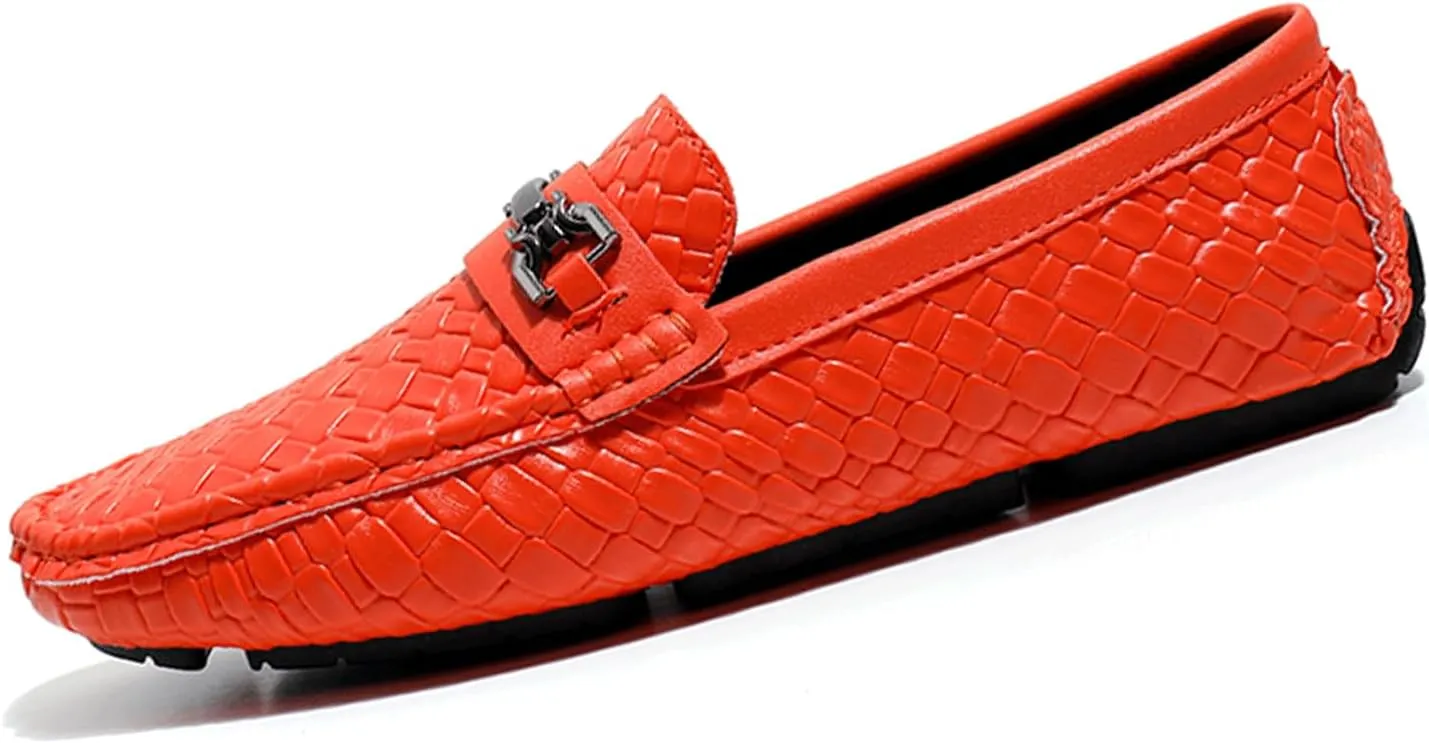 Men's Penny Loafers Woven Leather Driving Loafers Black Slip-On with Buckle Flats Boat Shoes Moccasins