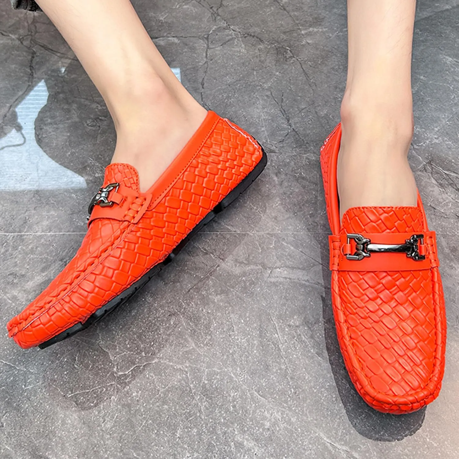 Men's Penny Loafers Woven Leather Driving Loafers Black Slip-On with Buckle Flats Boat Shoes Moccasins